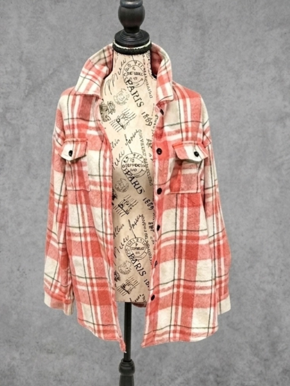 Automet Plaid Shacket Womens Small Coral White Green Flannel Jacket Oversized